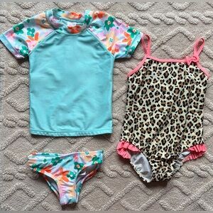 Girls XS (4/5) Swim Suit Bundle - Turquoise Floral 2pc & Cheetah Print One Piece